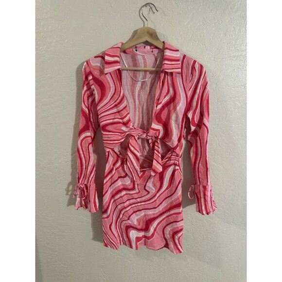 Zara Retro Cutout Linen Psychedelic 70’s Swirl Mini Dress - Picture 2 of 13